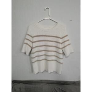 Bailey 44 Fuzzy Soft White Sweater With Tan Stripes Short Sleeve Size M